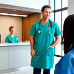 A diverse group of professional healthcare workers, including a doctor in a clean lab coat and a nurse in professional scrubs, standing in a brightly lit, modern hospital lobby. They are calmly discussing patient care with a fully clothed patient in appropriate, modest casual attire, who appears reassured. The background features a clean reception desk and subtle, modern medical equipment. The scene conveys professionalism, compassion, and a focus on patient well-being. Perfect anatomy, correct proportions, natural pose, well-formed hands, proper finger count, natural body proportions, professional photography, high quality, safe for work, appropriate content, family-friendly.