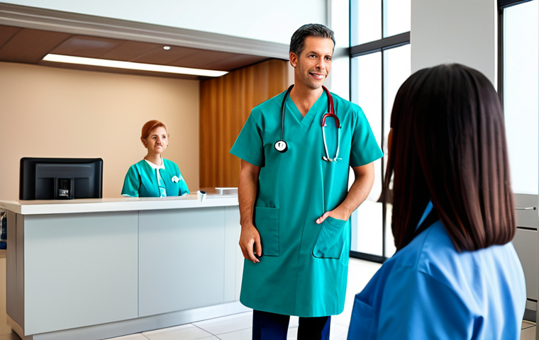 A diverse group of professional healthcare workers, including a doctor in a clean lab coat and a nurse in professional scrubs, standing in a brightly lit, modern hospital lobby. They are calmly discussing patient care with a fully clothed patient in appropriate, modest casual attire, who appears reassured. The background features a clean reception desk and subtle, modern medical equipment. The scene conveys professionalism, compassion, and a focus on patient well-being. Perfect anatomy, correct proportions, natural pose, well-formed hands, proper finger count, natural body proportions, professional photography, high quality, safe for work, appropriate content, family-friendly.